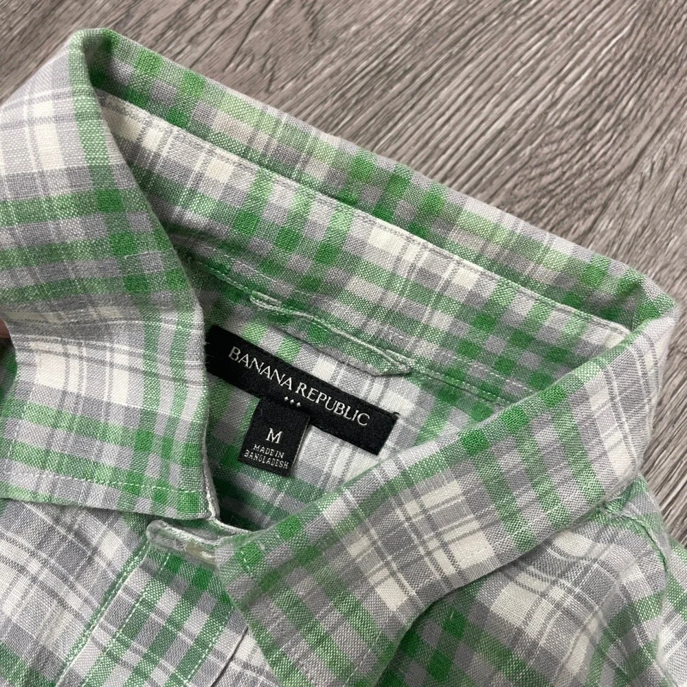 Banana Republic Shirt Mens Medium Green Plaid Linen Cotton Button Down